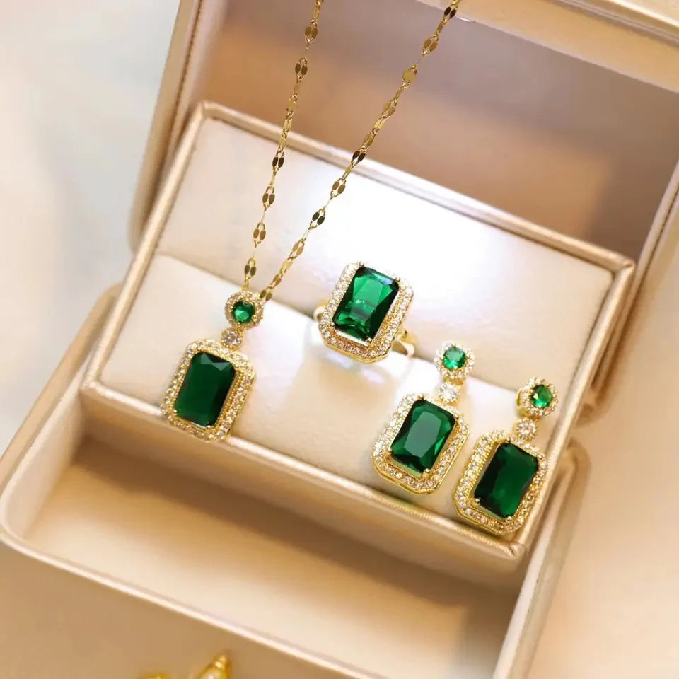 Kiara Advani Green Emerald Necklace and Earrings Set - 18K Gold Plated