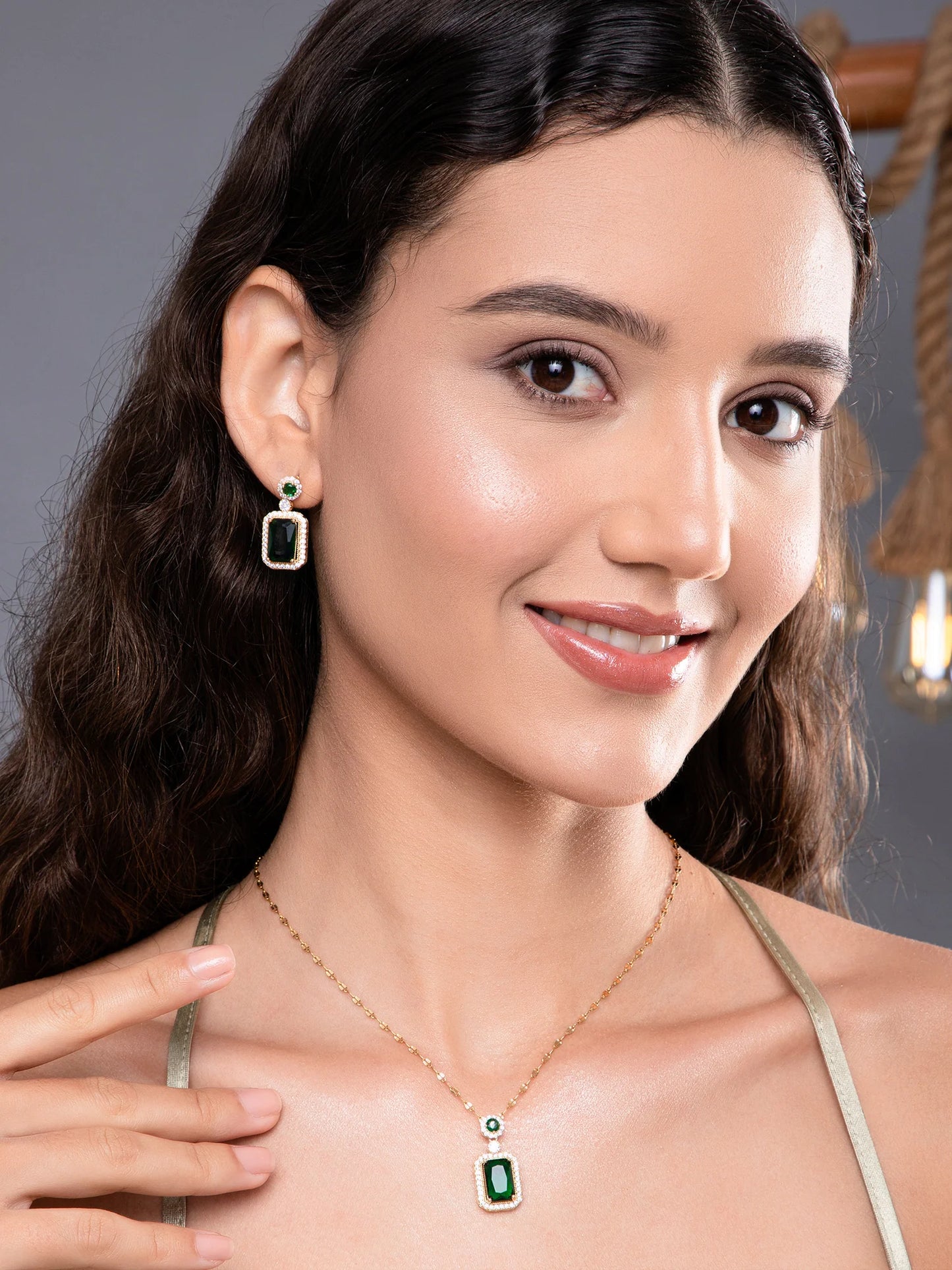 Kiara Advani Green Emerald Necklace and Earrings Set - 18K Gold Plated